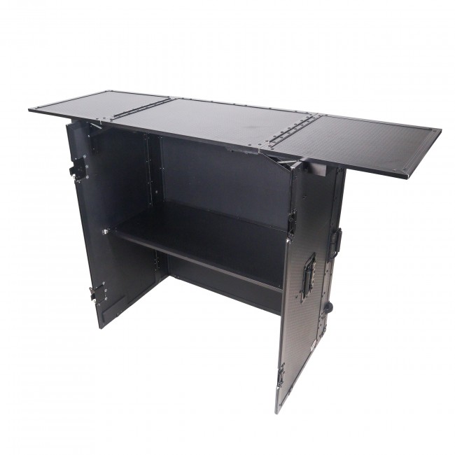 Flight Case Style Folding DJ Table and Workstation with Smooth Rolling Wheels - Black Finish