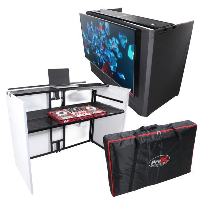 ProX XF-MESA MEDIA MK2 DJ Facade Table Station - Includes TV Mount, White &  Black Scrims, and Padded Carry Bag